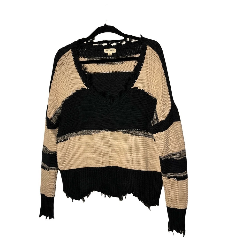 Rag Poets | Black Tan Boxy V-Neck Pullover Sweater, Medium